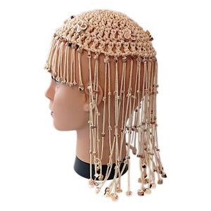 Vtg 70s Macrame Crown Headpiece Cowrie Shell Flapper Seashell Bohemian Cleopatra